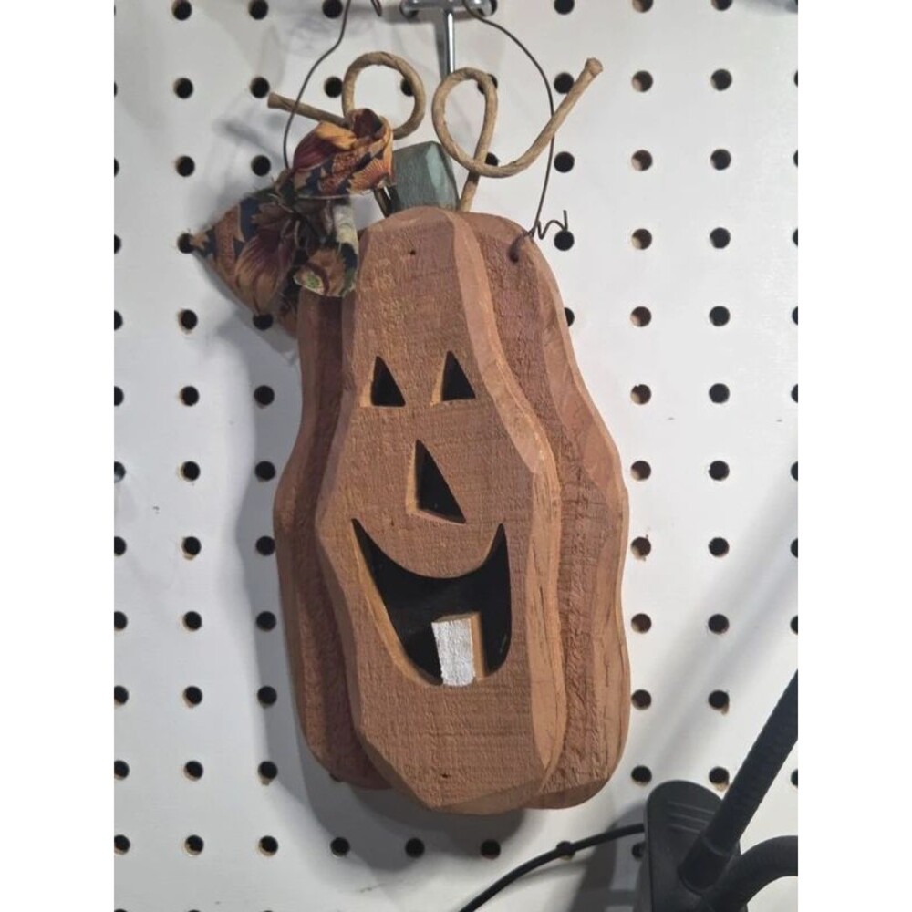 Vintage Rustic Carved Wood Jack-O'-Lantern Hanging Decor
